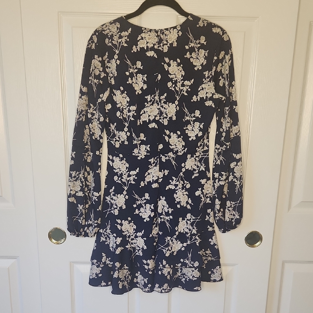 Navy Dark Blue Floral Flirty Faux Wrap Fabric Belt Long Sleeve Dress Size M - Picture 10 of 11